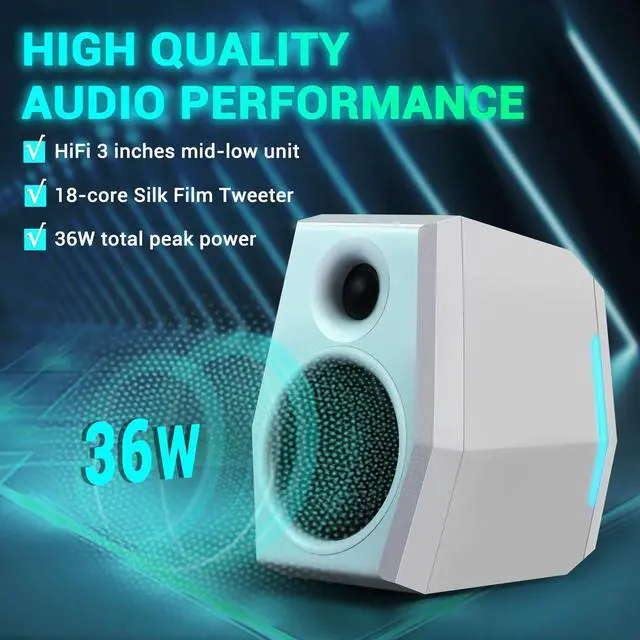 Alt view image 3 of 5 - SW209 36W Computer Gaming PC Speakers - Built-in 24bit DAC Dynamic 3D Surround Sound - Bluetooth 5.0 USB 3.5mm Aux Inputs - Three EQ Sound Mode - RGB Backlit Multimedia Speakers (Pair, White)