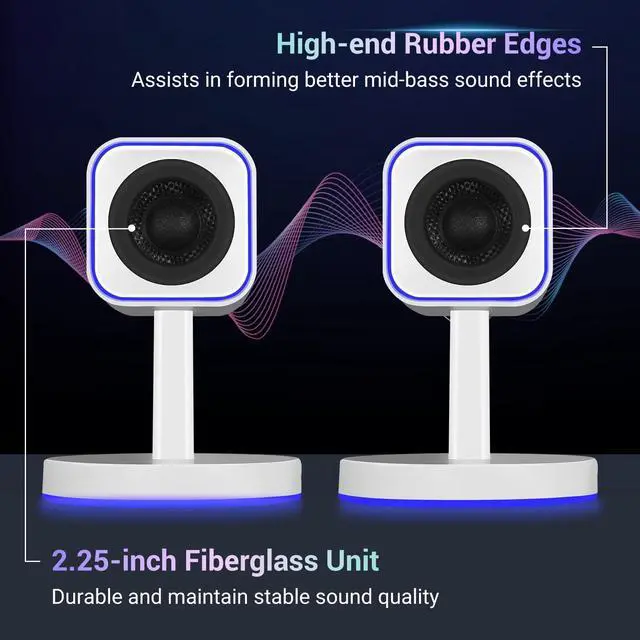 Alt view image 2 of 5 - Sanyun SW202 2.25 Computer Gaming PC Speakers - 24W Fiberglass Speaker Unit - Built-in 16bit DAC Dynamic 3D Surround Sound - Bluetooth 5.2 USB Aux Inputs - RGB Backlit (Pair, White)
