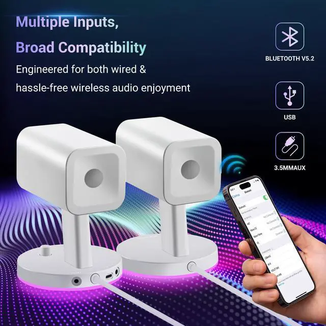 Alt view image 3 of 5 - Sanyun SW202 2.25 Computer Gaming PC Speakers - 24W Fiberglass Speaker Unit - Built-in 16bit DAC Dynamic 3D Surround Sound - Bluetooth 5.2 USB Aux Inputs - RGB Backlit (Pair, White)