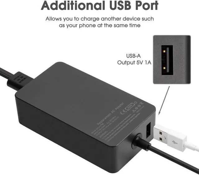 Alt view image 4 of 5 - Surface Pro 6 Pro 7 Charger, 65W Power Supply Adapter for Microsoft Surface Pro 3/4/5/6/7/X, Surface Book, Surface Laptop 1/2/3, Surface Laptop Go, Surface Go, with 6.2ft Power Cord