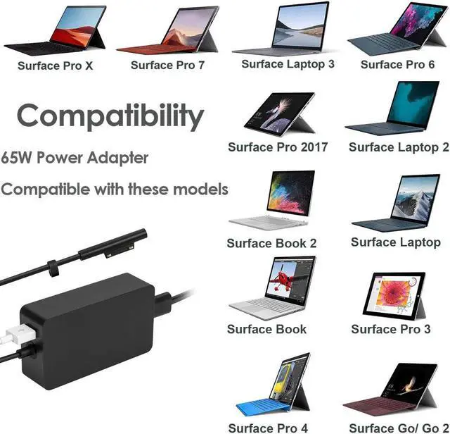 Alt view image 2 of 5 - Surface Pro 6 Pro 7 Charger, 65W Power Supply Adapter for Microsoft Surface Pro 3/4/5/6/7/X, Surface Book, Surface Laptop 1/2/3, Surface Laptop Go, Surface Go, with 6.2ft Power Cord