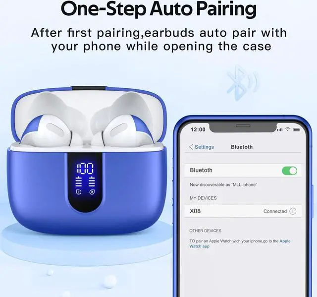 Alt view image 5 of 5 - TAGRY 2 Sets X08 Ocean Blue and Purple Bluetooth Headphones True Wireless Earbuds 60H Playback Ear Buds with Wireless Charging Case in-Ear Earbuds with Mic