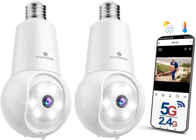 Main image of SYMYNELEC Light Bulb Security Camera: 5G WiFi Socket Camera Outdoor - Wireless Lightbulb Camera Waterproof for Home with Night Vision Motion Detection 2Packs