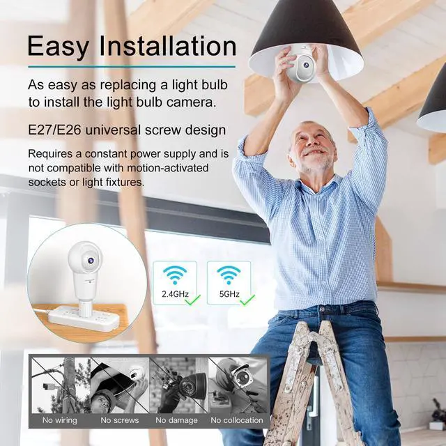 Alt view image 2 of 5 - SYMYNELEC Light Bulb Security Camera: 5G WiFi Socket Camera Outdoor - Wireless Lightbulb Camera Waterproof for Home with Night Vision Motion Detection 2Packs