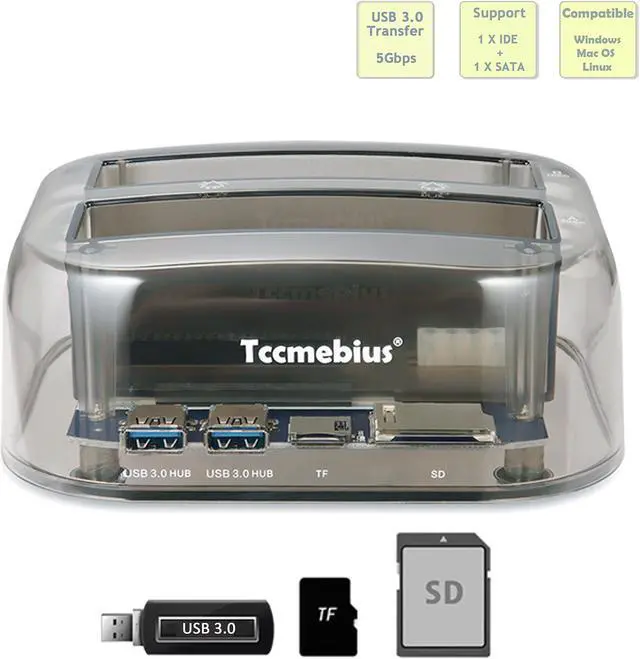 Alt view image 3 of 5 - Tccmebius TCC-S865 USB 3.0 to SATA IDE Dual Slots External Transparent Hard Drive Docking Station with Card Reader and 2 Ports USB 3.0 Hub for 2.5 3.5 Inch IDE SATA I/II/III HDD SSD