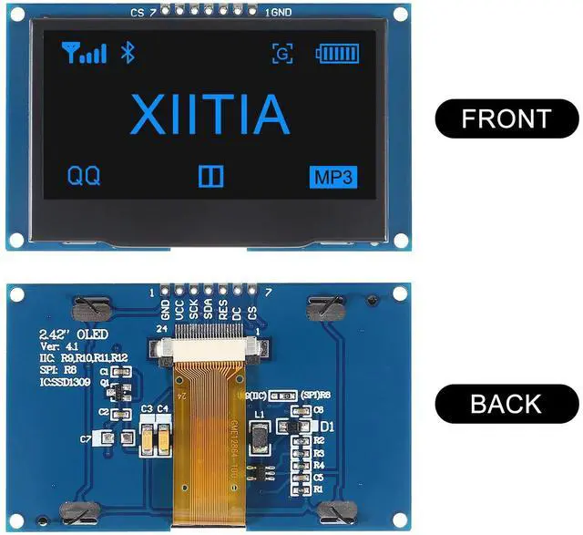 Alt view image 2 of 5 - XIITIA 2pcs 2.42 inch 128x64 OLED LCD Display Module SSD1309 7 Pin SPI/IIC I2C Serial Interface for Arduino UNO R3 (Blue Light)