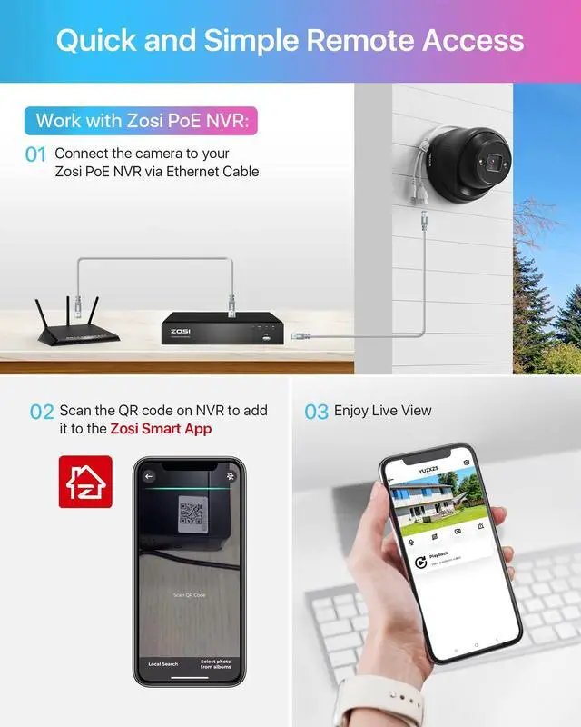 Alt view image 3 of 5 - ZOSI 4PK 4K PoE Add On Cameras with Ethernet Cables,8MP Dome Security IP Camera Outdoor Indoor,Person Vehicle Detection,Night Vision,Sound & Light Alarm,2-Way Audio,Only Work ZOSI 4K PoE NVR