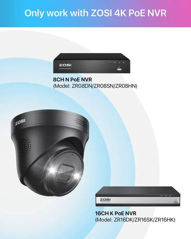 Alt view image 2 of 5 - ZOSI 4PK 4K PoE Add On Cameras with Ethernet Cables,8MP Dome Security IP Camera Outdoor Indoor,Person Vehicle Detection,Night Vision,Sound & Light Alarm,2-Way Audio,Only Work ZOSI 4K PoE NVR