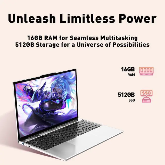 Alt view image 3 of 5 - 2025 Latest 15.6" Laptop Compatible with Windows 11, i7-6500U Processor, 16GB RAM, 512GB SSD, 1080p FHD Display, Backlit Keyboard, WiFi5, Bluetooth5, Fingerprint, Webcam, Mini-HDMI, TF Card Slot, Grey