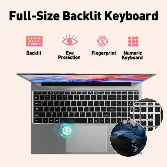 Alt view image 5 of 5 - 2025 Latest 15.6" Laptop Compatible with Windows 11, i7-6500U Processor, 16GB RAM, 512GB SSD, 1080p FHD Display, Backlit Keyboard, WiFi5, Bluetooth5, Fingerprint, Webcam, Mini-HDMI, TF Card Slot, Grey