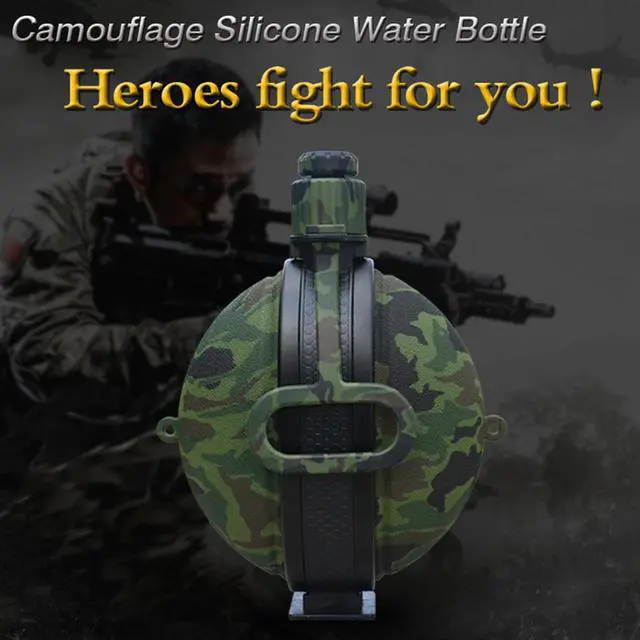 Alt view image 4 of 7 - Collapsible Military Water Bottle Newly Designed Silicone Water Kettle Canteen with Compass Bottle Cap for Hiking Camping Outdoors (Camouflage Green)