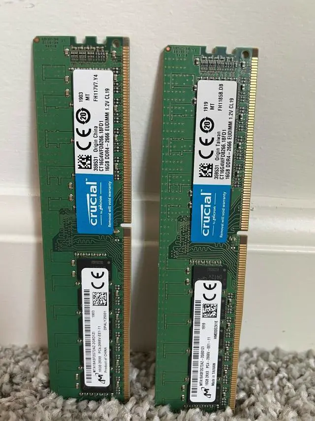 Alt view image 3 of 5 - Crucial 16GB 288-Pin DIMM DDR4-2666 (PC4-21300) DIMM 288Pin CL19 2Rx8 1024x8 18 Chips ECC UNBUFFERED CT16G4WFD8266/ MTA18ASF2G72AZ-2G6D1
 2RX8 MTA18ASF2G72AZ-2G6D1