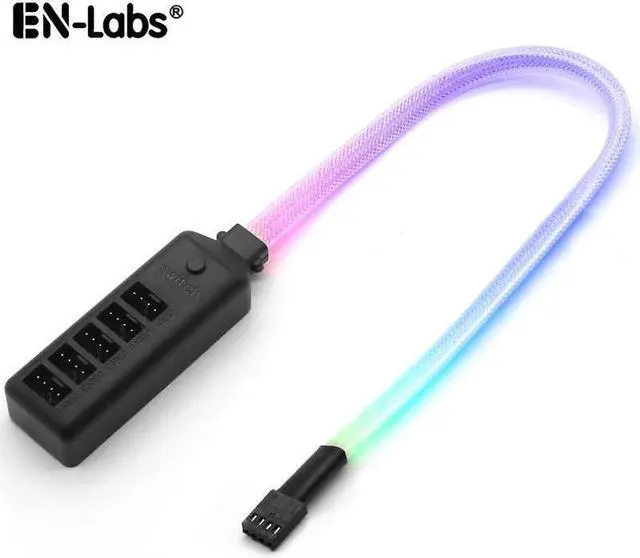 Alt view image 4 of 5 - PWM Fan Hub w/ LED RGB Colorful Switch,1 to 5 Sleeved PWM Fan Splitter Hub Adapter Cable for 12V Desktop Computer Cooler Case Fans 4-Pin & 3-Pin - 1.3ft