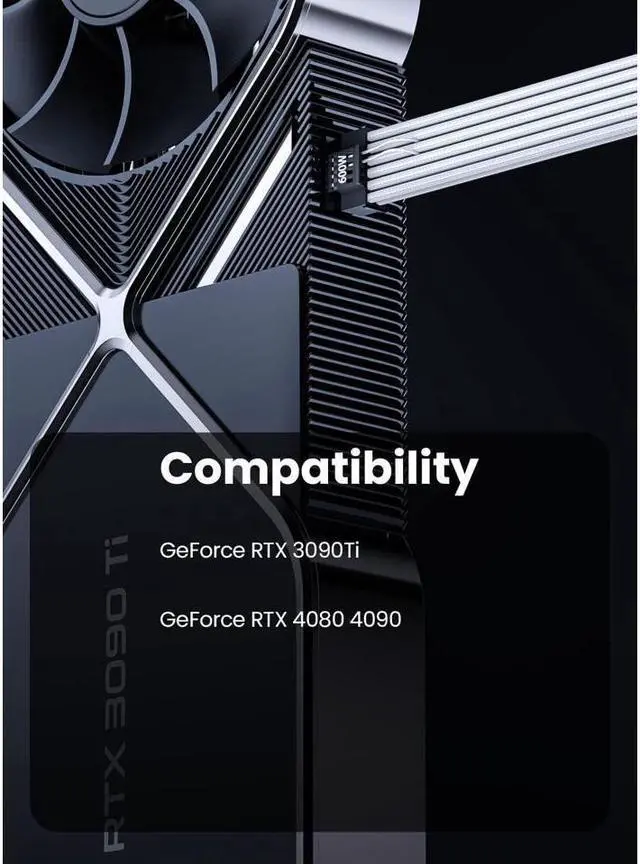 Alt view image 4 of 5 - CORN PCI-e 5.0 Extension Cable 30cm/1ft 16 Pin(12+4) Male to PCIE 3x8Pin(6+2) Female Sleeved Extension Cable with 4 Cable Combs 12VHPWR 16AWG Cable Compatible for GPU RTX 3090Ti 4070Ti 4080 4090 White