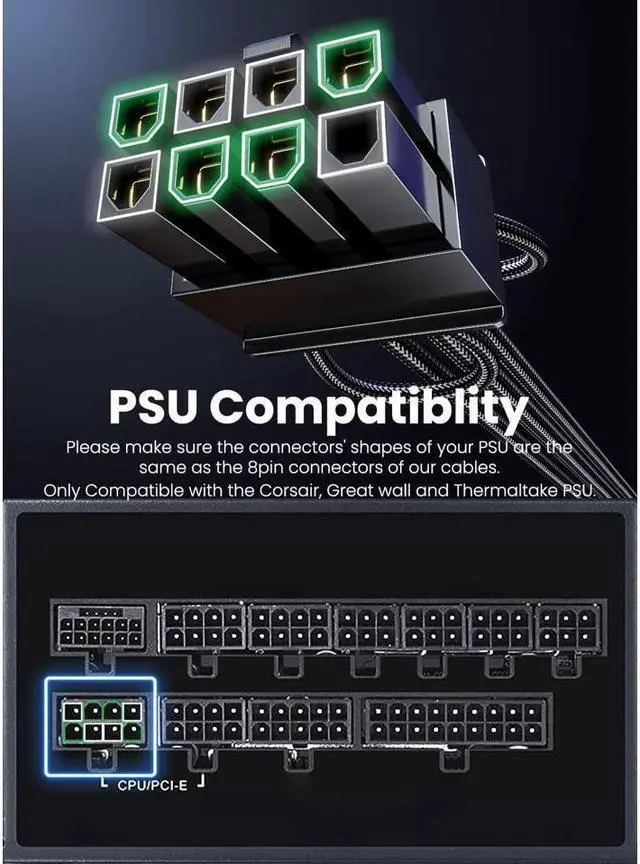 Alt view image 4 of 5 - PCIe 5.0 GPU Power Cable 70cm | 16pin (12+4) 12VHPWR Connector for RTX 3090 Ti 4080 4090 | 3x8pin (4+4) CPU Male Plugs Only for Corsair/Great Wall/Thermaltake Modular Power Supply (Black)
