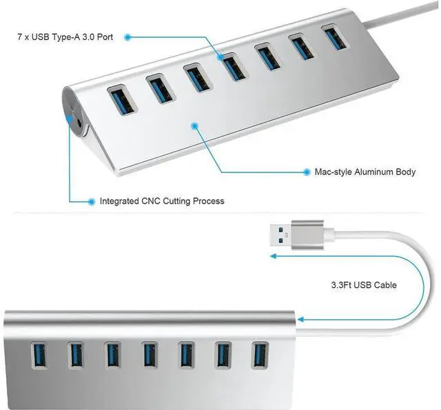 Alt view image 2 of 4 - USB 3.0 Hub 7 Ports, Aluminum USB Hub 3.0 with 5V/4A 20W Power Adapter and 4.9Ft USB Cable, USB Hub for MacBook, Mac Pro, Mac Mini, Laptop, Desktop