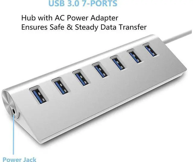 Main image of USB 3.0 Hub 7 Ports, Aluminum USB Hub 3.0 with 5V/4A 20W Power Adapter and 4.9Ft USB Cable, USB Hub for MacBook, Mac Pro, Mac Mini, Laptop, Desktop