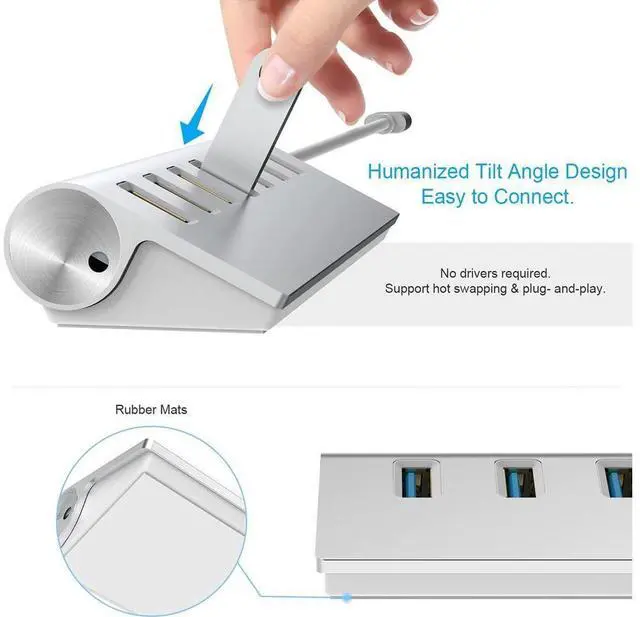 Alt view image 4 of 4 - USB 3.0 Hub 7 Ports, Aluminum USB Hub 3.0 with 5V/4A 20W Power Adapter and 4.9Ft USB Cable, USB Hub for MacBook, Mac Pro, Mac Mini, Laptop, Desktop
