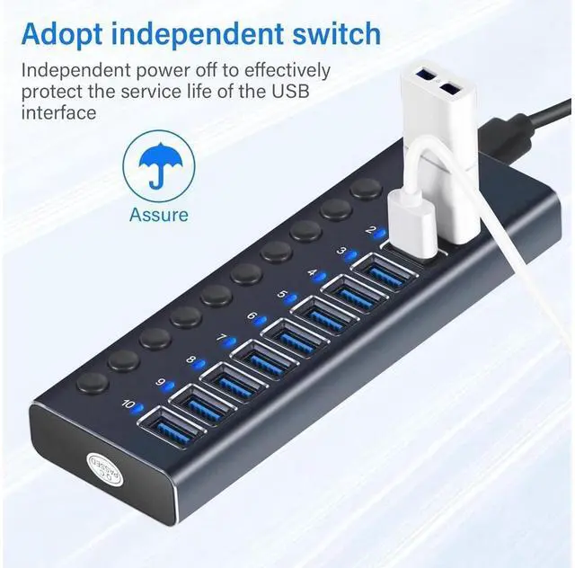 Alt view image 3 of 5 - 10-Port 60W USB 3.0 Hub with Individual Power Switches and LEDs Includes 60W 12V/5A Power Adapter