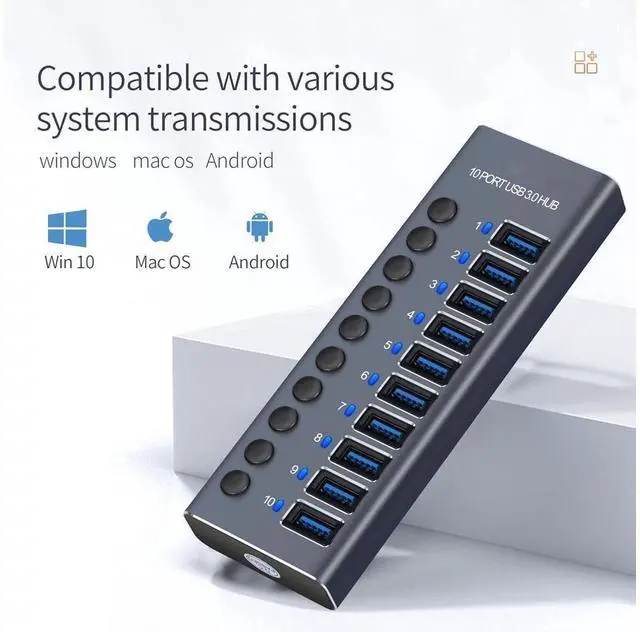 Main image of 10-Port 60W USB 3.0 Hub with Individual Power Switches and LEDs Includes 60W 12V/5A Power Adapter