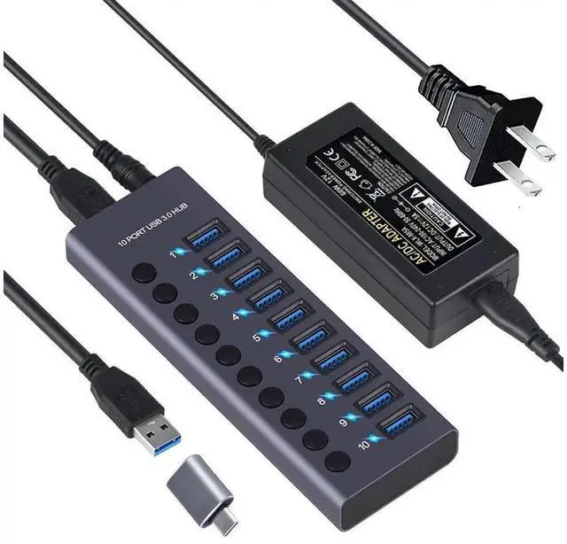 Alt view image 2 of 5 - 10-Port 60W USB 3.0 Hub with Individual Power Switches and LEDs Includes 60W 12V/5A Power Adapter