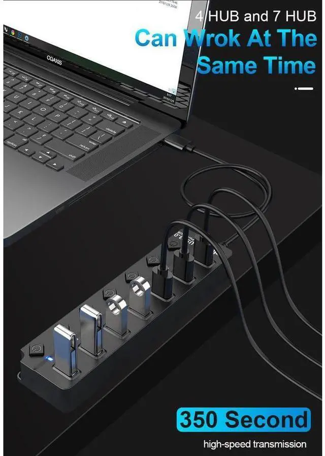 Alt view image 2 of 6 - 7 Port Powered USB Hub, USB3.0 Data Hub with 7 USB 3.0 Data Port , USB Charging Hub for Mobile HDD, MacBook, iMac, Mac Pro/Mini, iPad Air, PC, Laptop, and More