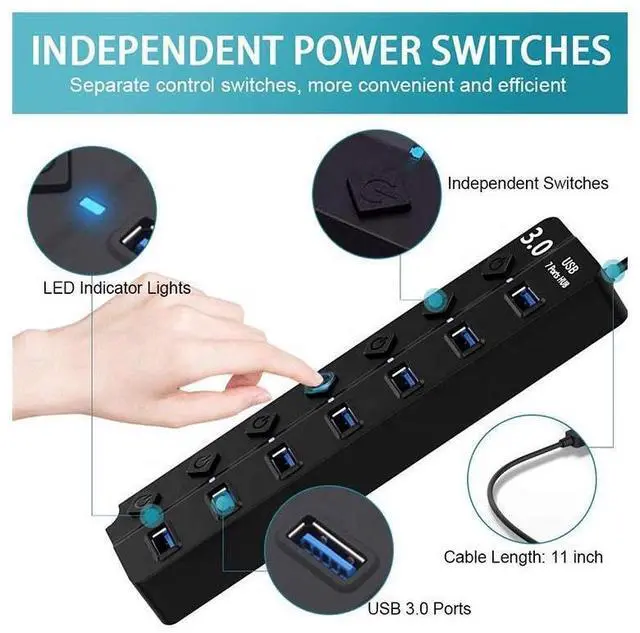 Alt view image 5 of 6 - 7 Port Powered USB Hub, USB3.0 Data Hub with 7 USB 3.0 Data Port , USB Charging Hub for Mobile HDD, MacBook, iMac, Mac Pro/Mini, iPad Air, PC, Laptop, and More