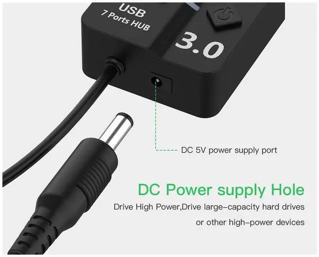 Alt view image 6 of 6 - 7 Port Powered USB Hub, USB3.0 Data Hub with 7 USB 3.0 Data Port , USB Charging Hub for Mobile HDD, MacBook, iMac, Mac Pro/Mini, iPad Air, PC, Laptop, and More