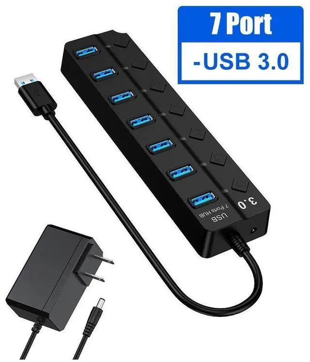 Alt view image 4 of 6 - 7 Port Powered USB Hub, USB3.0 Data Hub with 7 USB 3.0 Data Port , USB Charging Hub for Mobile HDD, MacBook, iMac, Mac Pro/Mini, iPad Air, PC, Laptop, and More