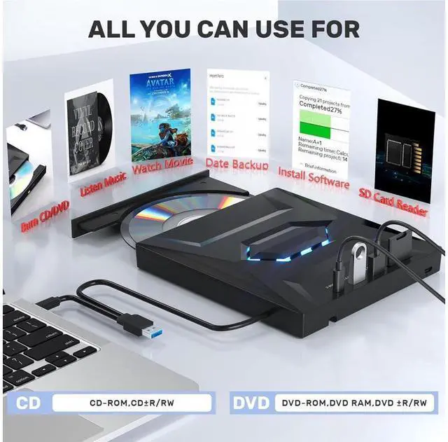 Alt view image 2 of 6 - 5-in-1 External CD DVD Drive, USB C USB 3.0 Portable CD/DVD +/-RW Drive/DVD Player with SD Card Reader USB 3.0 USB C Hub CD ROM Burner Compatible with Laptop Desktop PC Windows Linux MacOS
