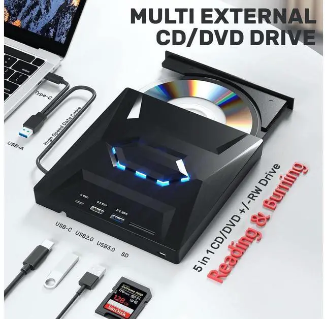 Main image of 5-in-1 External CD DVD Drive, USB C USB 3.0 Portable CD/DVD +/-RW Drive/DVD Player with SD Card Reader USB 3.0 USB C Hub CD ROM Burner Compatible with Laptop Desktop PC Windows Linux MacOS