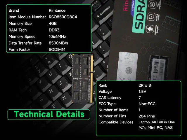 Alt view image 6 of 7 - Rimlance 4GB (1X4GB) 1.5V DDR3 1066MHZ PC3-8500 SODIMM 2RX8