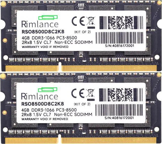 Alt view image 2 of 7 - Rimlance 8GB (2X4GB) 1.5V DDR3 1066MHZ PC3-8500 SODIMM 2RX8