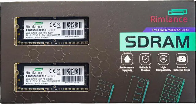 Main image of Rimlance 8GB (2X4GB) 1.5V DDR3 1066MHZ PC3-8500 SODIMM 2RX8
