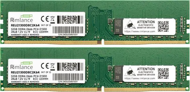 Alt view image 2 of 2 - Rimlance 64GB (2X32GB) 1.2V DDR4 2666MHz PC4-21300 ECC UDIMM 2RX8