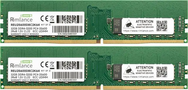 Alt view image 2 of 2 - Rimlance 64GB (2X32GB) 1.2V DDR4 3200MHz PC4-25600 ECC UDIMM 2RX8