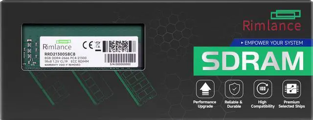Main image of RIMLANCE 8GB (1X8GB) DDR4 2666MHZ PC4-21300 1Rx8 1.2V 288-PIN ECC Registered RDIMM Server Memory