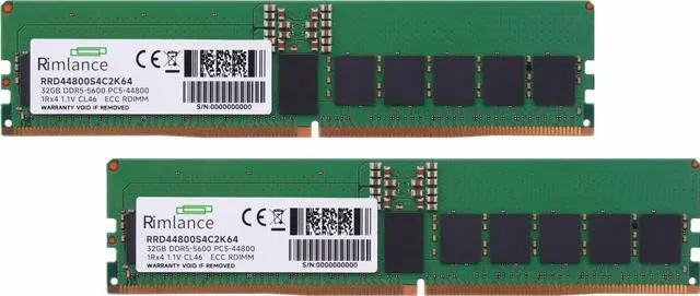 Alt view image 2 of 7 - RIMLANCE 64GB(2x32GB) DDR5 5600MHz PC5-44800 1Rx4 1.1V 288-PIN ECC Registered RDIMM Server Memory KIT