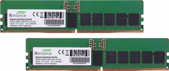 Alt view image 2 of 6 - RIMLANCE 96GB(2x48GB) DDR5 6400MHz PC5-51200 2Rx8 1.1V 288-PIN ECC Registered RDIMM Server Memory KIT