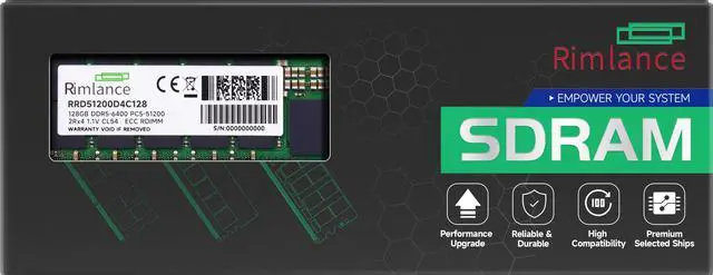 Main image of RIMLANCE 128GB(1x128GB) DDR5 6400MHz PC5-51200 2Rx4 1.1V 288-PIN ECC Registered RDIMM Server Memory