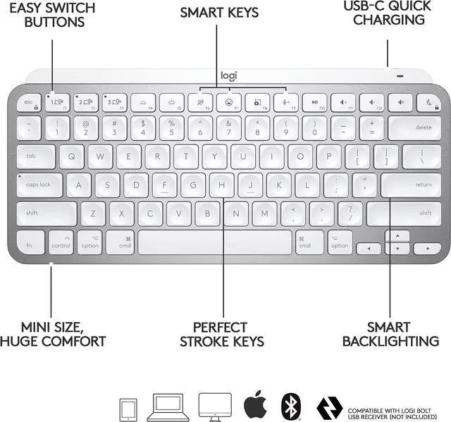 Alt view image 6 of 7 - Logitech MX Keys Mini for Mac Minimalist Wireless Illuminated Keyboard, Compact, Bluetooth, Backlit Keys, USB-C, Metal Build, Compatible with MacBook Pro,Macbook Air,iMac,iPad