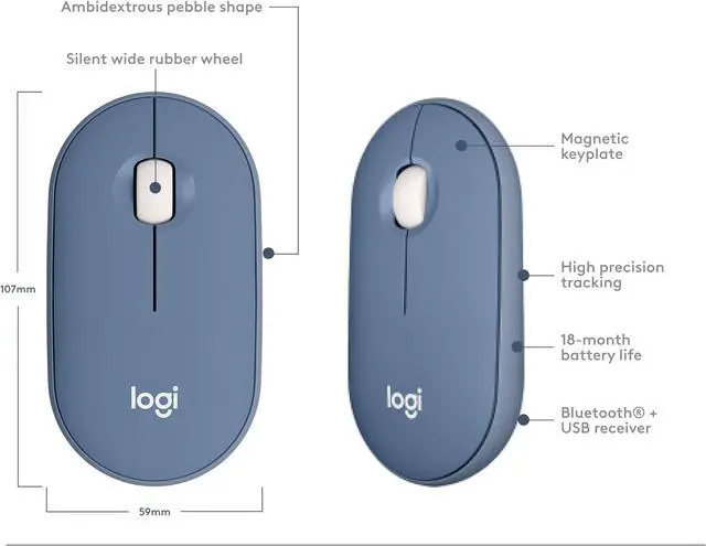 Alt view image 5 of 6 - Logitech Pebble Wireless Mouse with Bluetooth or 2.4 GHz Receiver, Silent, Slim Computer Mouse with Quiet Clicks, for Laptop/Notebook/iPad/PC/Mac/Chromebook - Blueberry