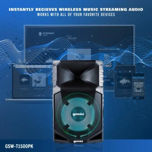 Alt view image 8 of 20 - Gemini GSWT1500PK Portable Water Resistant Wireless Bluetooth Party Speaker