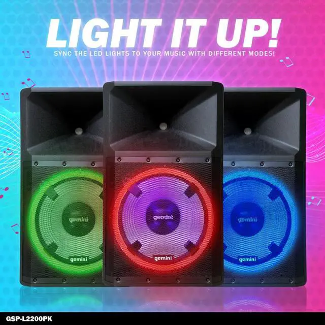 Alt view image 9 of 20 - Gemini GSP-L2200PK Unleash the Ultimate 15" Bluetooth Party Speaker with Dynamic LED Lights, Built in Media Player, and Included Microphone and Speaker Stand