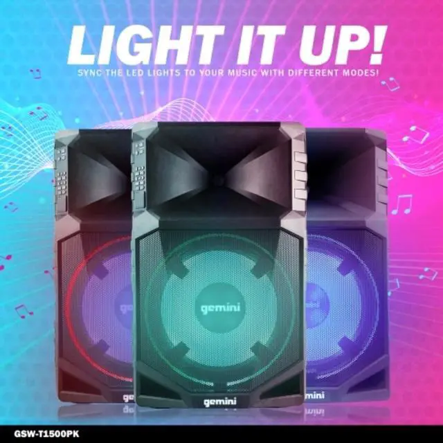 Alt view image 9 of 20 - Gemini GSWT1500PK Portable Water Resistant Wireless Bluetooth Party Speaker