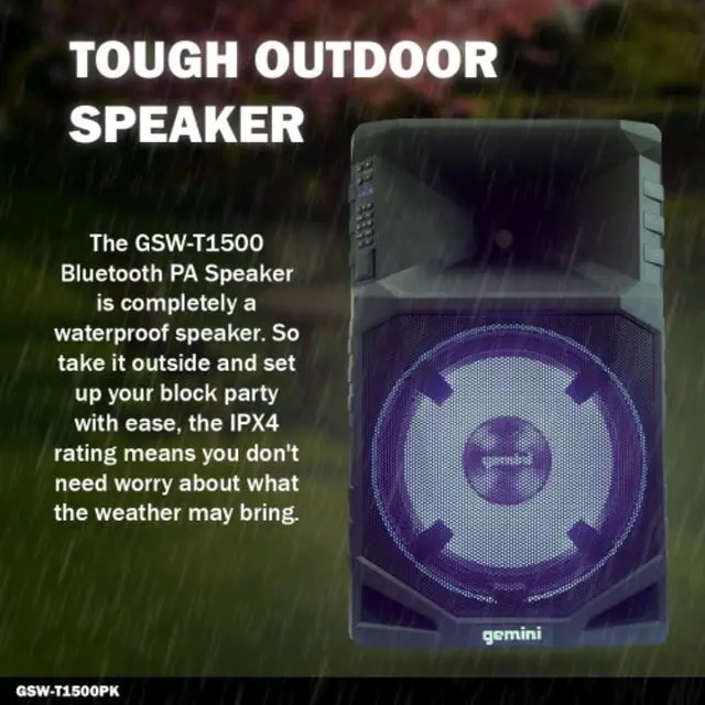 Alt view image 12 of 20 - Gemini GSWT1500PK Portable Water Resistant Wireless Bluetooth Party Speaker