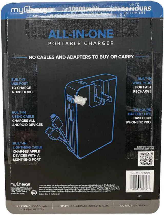 Alt view image 2 of 6 - myCharge Power Hub All-in-One Portable Charger 10000mah USB-A - USB-C - Lighting Cable
