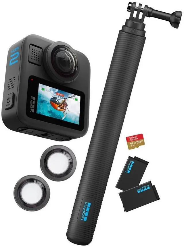 Main image of GoPro MAX2 8K 360 Action Camera Bundle. 2 Batteries, 4' Pole, Lens Replacement and 64GB MicroSD Card