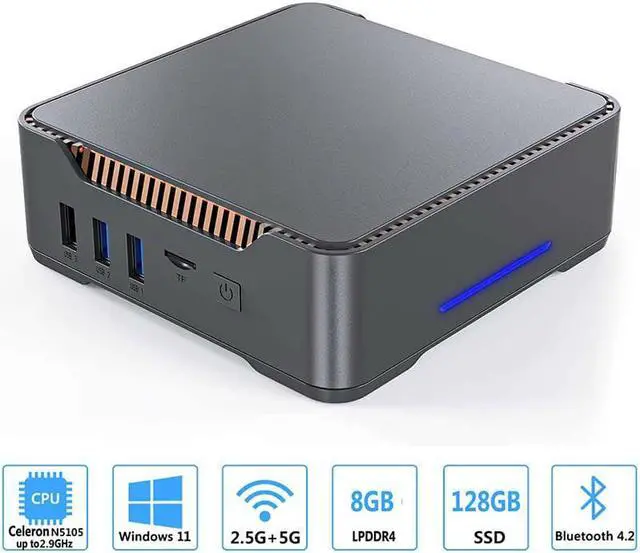 Main image of Mini PC Windows 10 Pro 8GB RAM 64GB SSD Mini Computer Intel Celeron (up tp 2.9Ghz) Quad-Core Dual HDMI Gigabit Ethernet Dual Band WiFi 2.4G/5G Bluetooth 4 Support Triple Display 4K. 8 GB DDR4 128GB