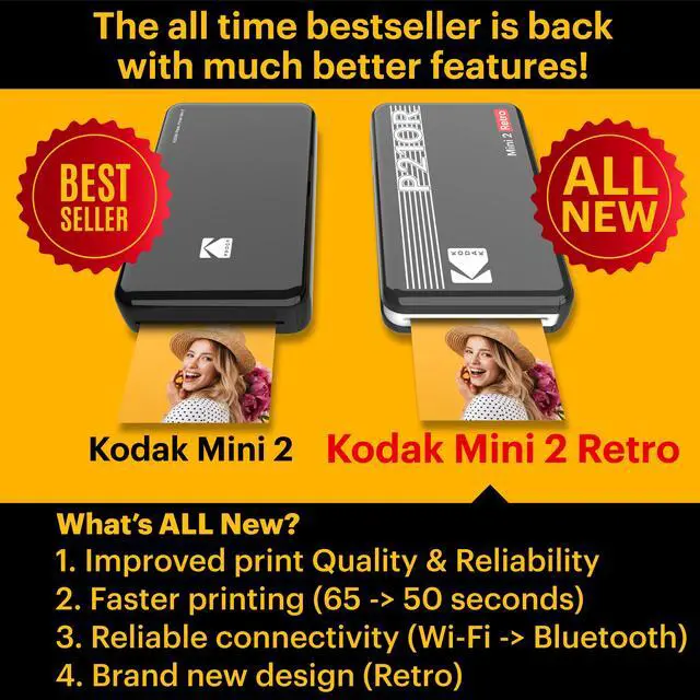Alt view image 2 of 7 - Kodak Mini 2 Retro Portable Instant Photo Printer, Wireless Connection, Compatible with iOS, Android & Bluetooth, Real Photo (2.1x3.4”), 4Pass Technology & Lamination Process, Premium Quality